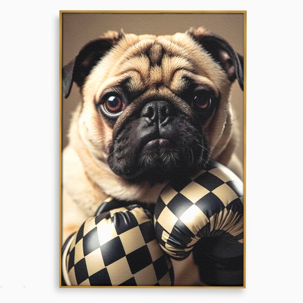 Tablou canvas cu tablou canvas cu pug in manusi de box, in rama de aluminiu auriu